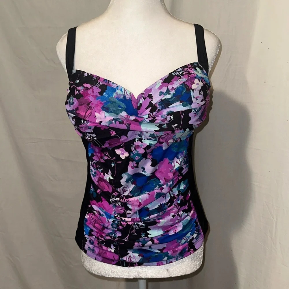 purple blue & black floral Mazu Swim tankini top size 12